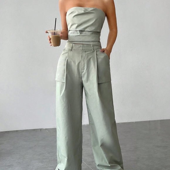. Tops - Grey Casual womens Solid Tube Top & Pants